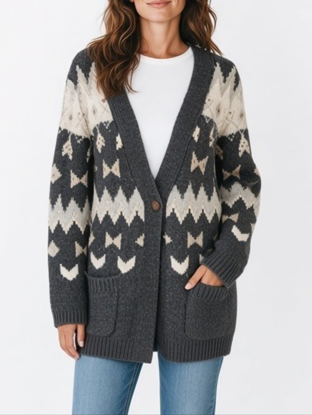 J.Jill Wool Blend Beaded Fair Isle Cardigan Sweater Charcoal Gray Size S
